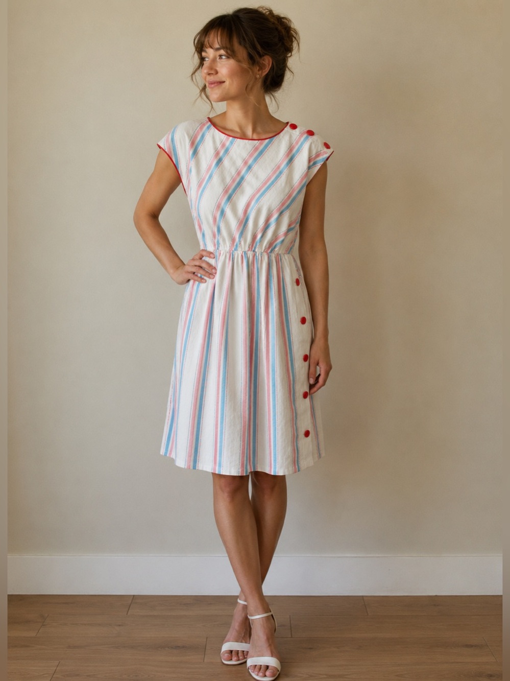 Vintage Leslie Belle Midi A-Line Dress Size S/M Multicolour Stripe - 80's - Picture 1 of 10